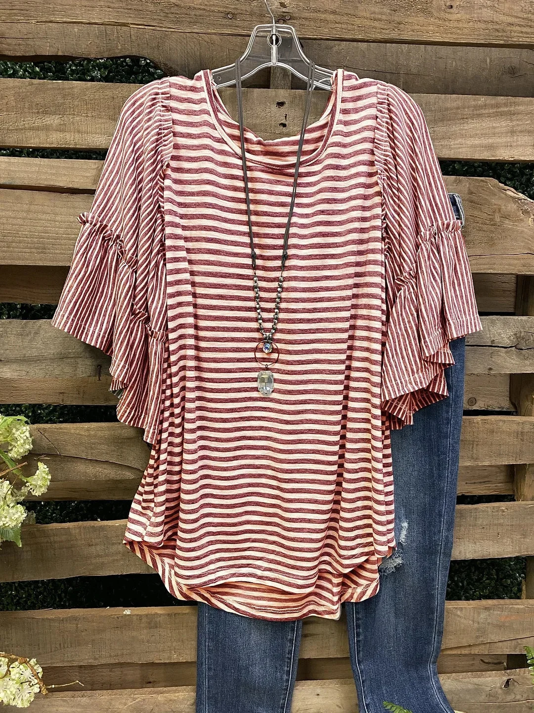 Women Half Sleeve Scoop Neck Striped Stitching Tops