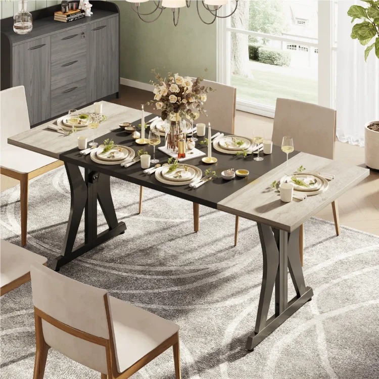 Bestier 70.87'' Rectangle Dining Table For 6-8 People, Wooden Kitchen Table or Brown Tables with Metal Legs Grey Wood