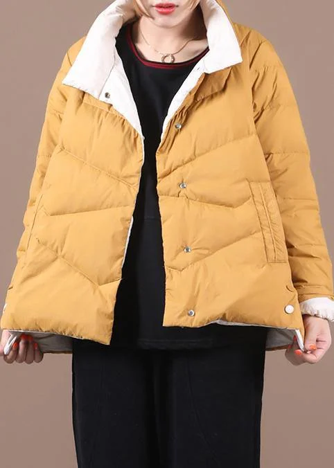 women yellow duck down coat Loose fitting snow jackets stand collar pockets Luxury overcoat