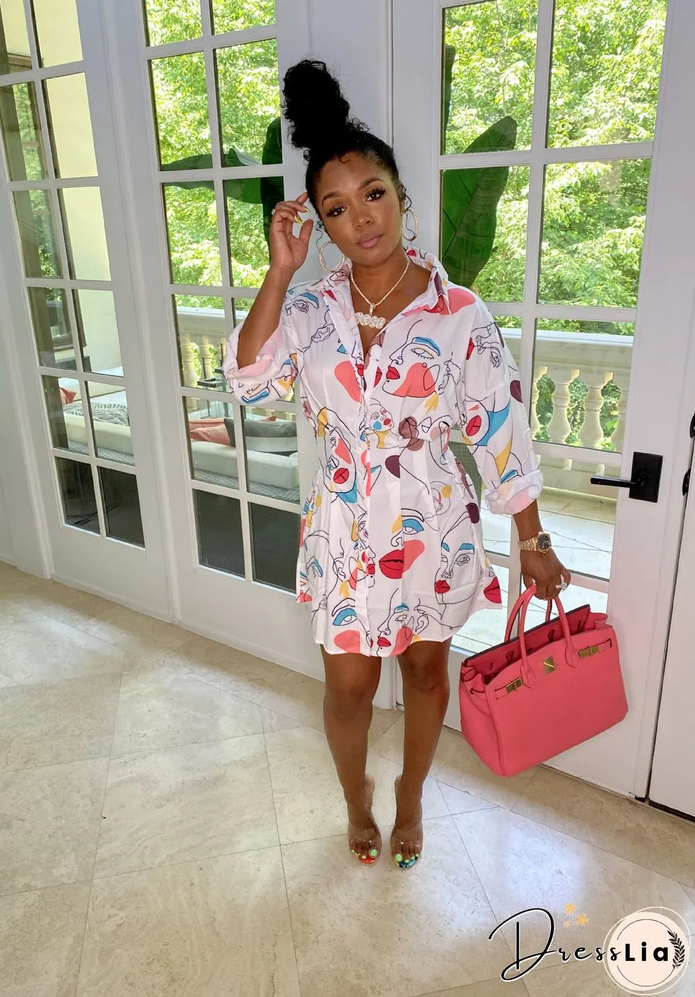 Fashion Newspaper Print Long Sleeve Women Turn Down Collar Button Up Streetwear Shirt Midi Dress