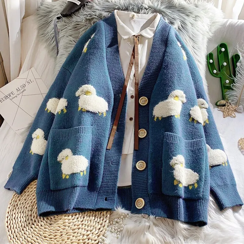 Autumn Winter Women Knitted Cardigan Jacket Loose Female Knitnwear Cute Cartoon Streetwear Teens Print V Neck Oversize Cardigan