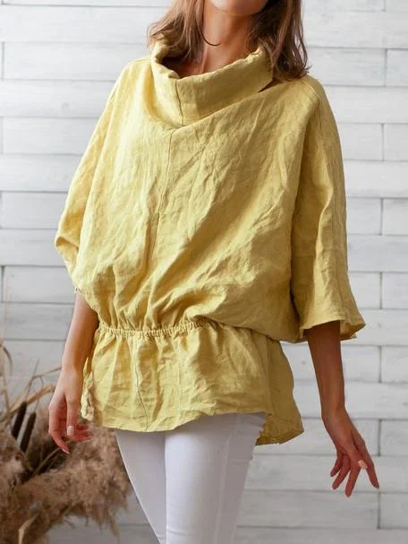 Women's Casual Cotton and Linen Loose Lapel T-Shirt-Mayoulove