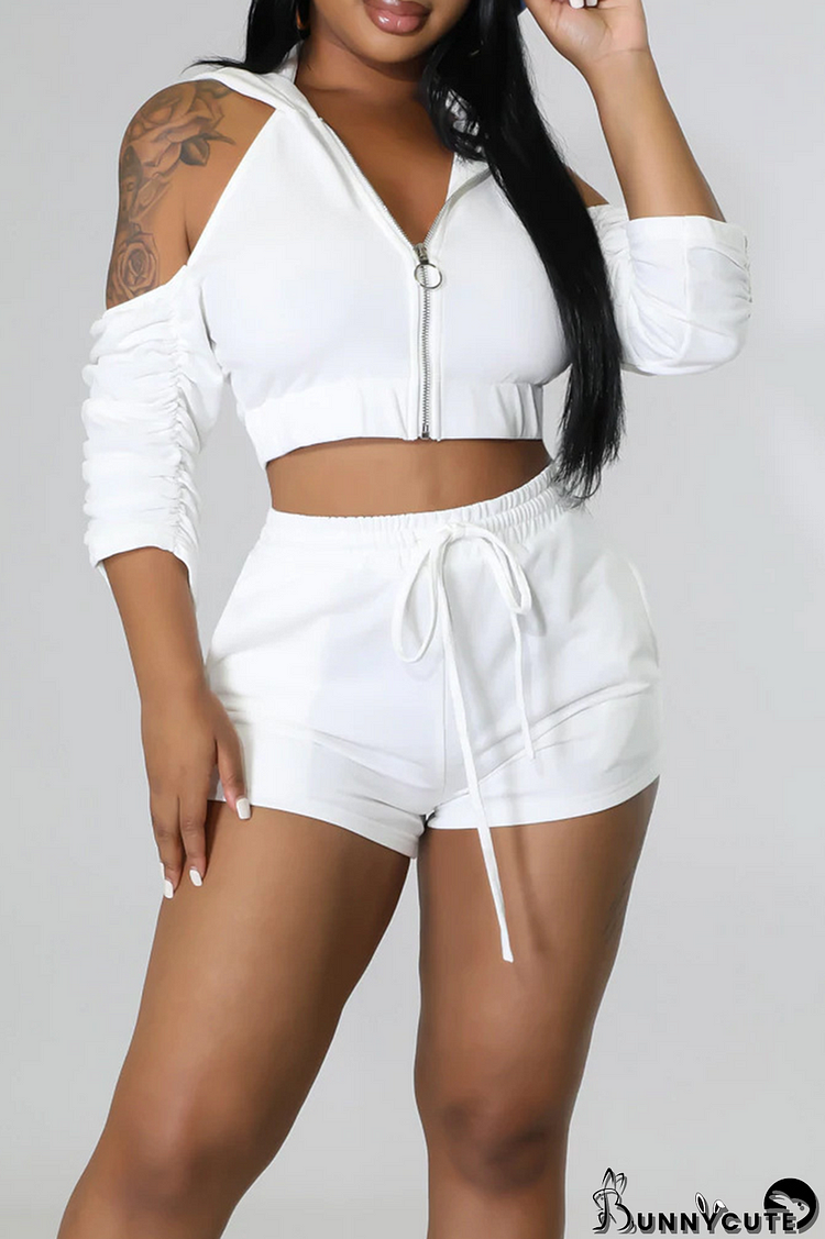 White Casual Solid Patchwork Hooded Collar Short Sleeve Two Pieces