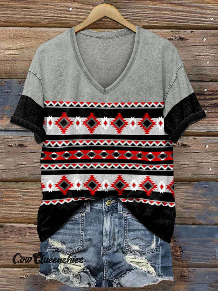 Women’s Red Aztac Stripes V-Neck Casual T-Shirt Multicolor / S