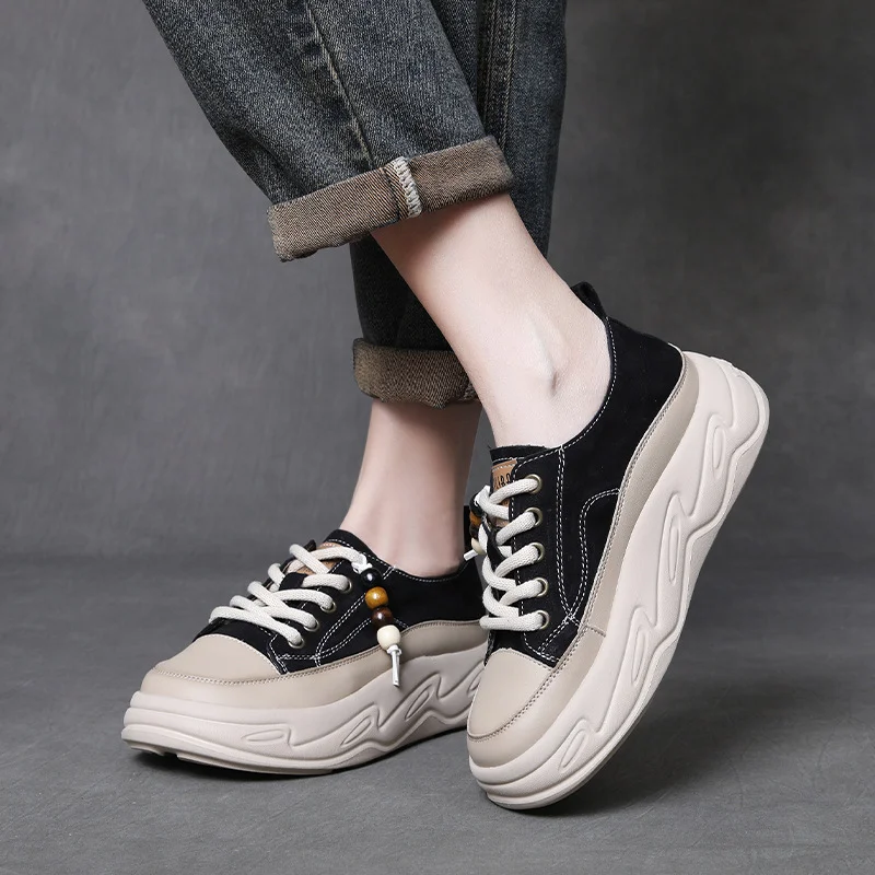 Yyvonne Version Of Leather Casual Shoes Women In The Autumn Of 2025 New Loose Cake Thick-Soled Bread Shoes With Two Soft-Soled Soft-Sided Soft-Sided