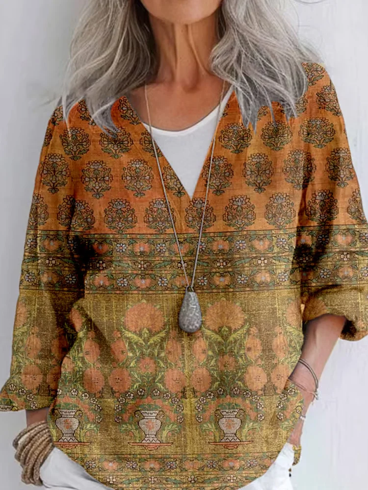 Women's Hippie Print Casual V-neck Shirt