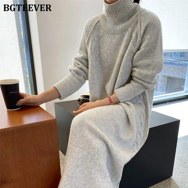 BGTEEVER Turtleneck Full Sleeve Oversized Knit Dress Female 2021 Winter Vestidos Casual Thick Twisted Women Long Sweater Dress