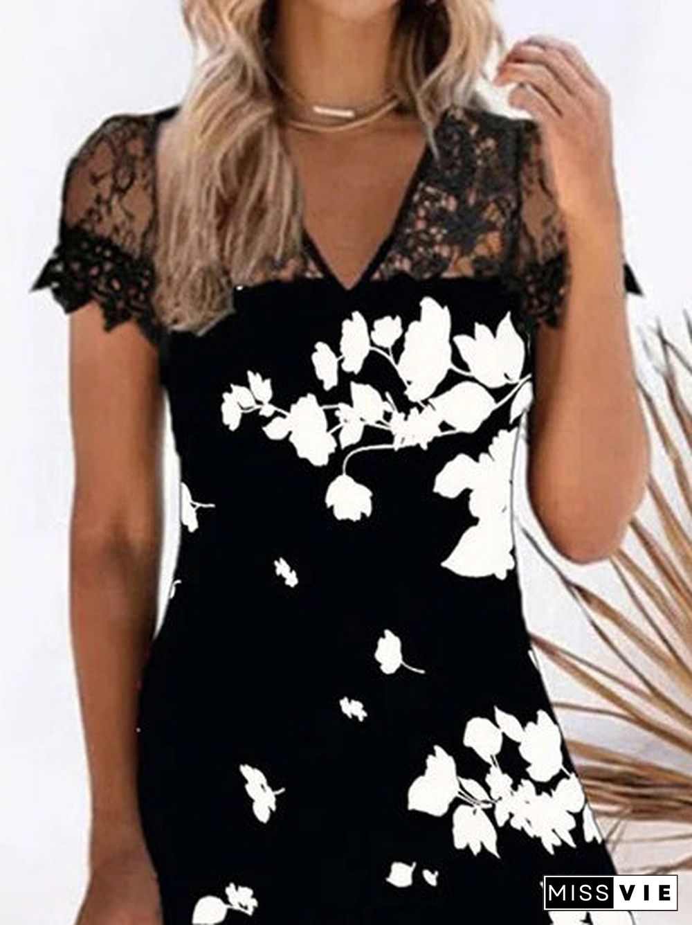 Women'S Dresses V-Neck Printed Lace Short Sleeve Dress