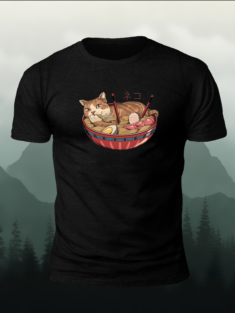 Men's Kitten Ramen Print Casual Short Sleeve T-shirt