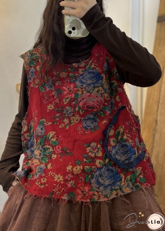 Unique Red O Neck Print Patchwork Cotton Waistcoat Sleeveless