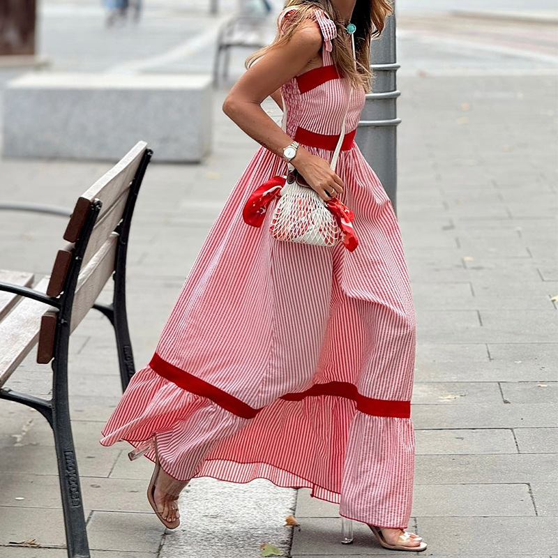 Mature Women Fashion Striped Elegant Mid-length Sling Maxi Dress