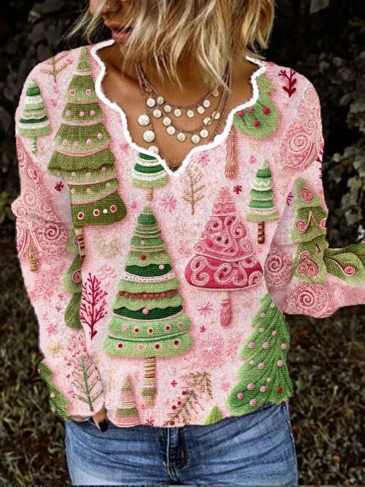 Women's Christmas Pink Christmas Tree Print Casual Woolen Cardigan