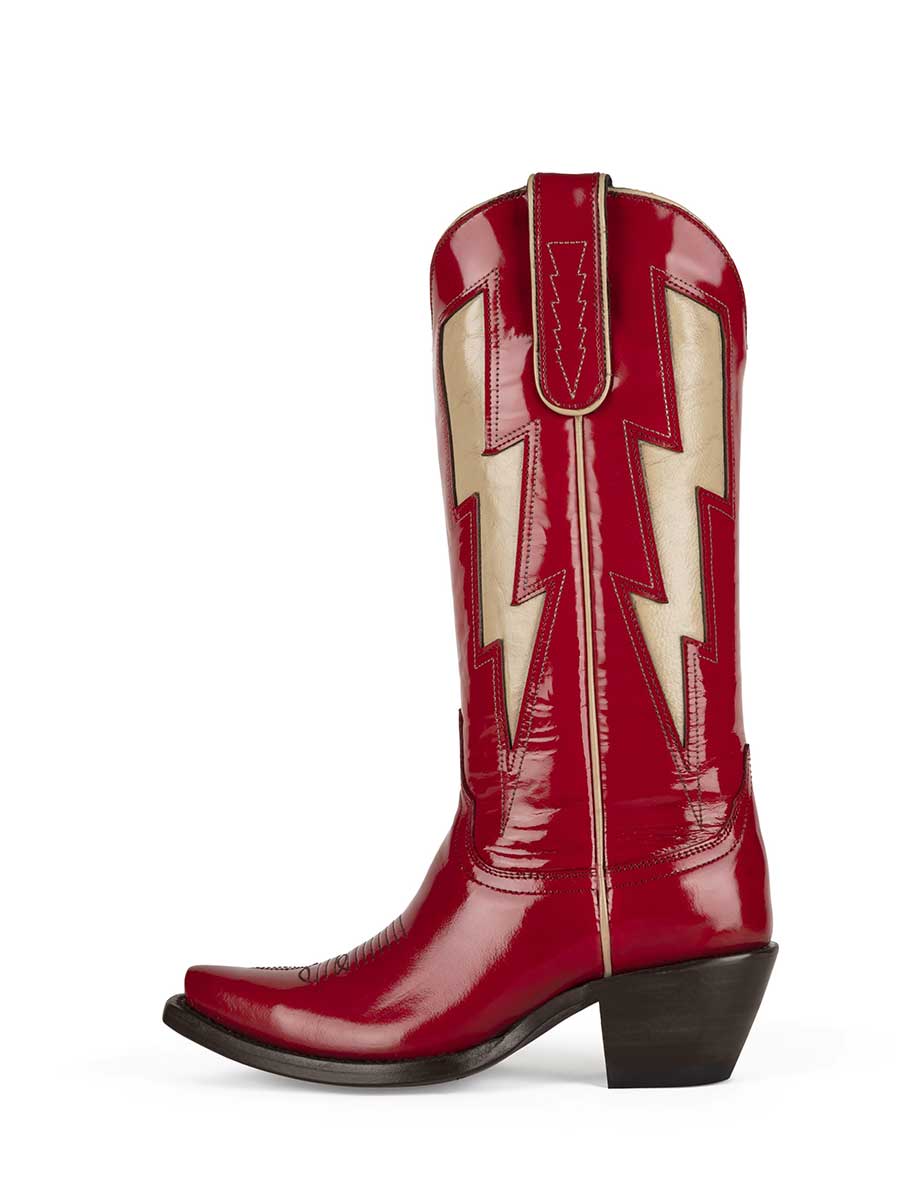 Maroon Patent Leather Lightening Patch-Work Heeled Mid Calf Cowgirl Boots 