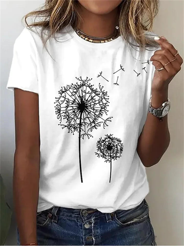 Women's T-shirt Dandelion Print Short-sleeved Casual Round Neck 3D Printed Tops-JRSEE