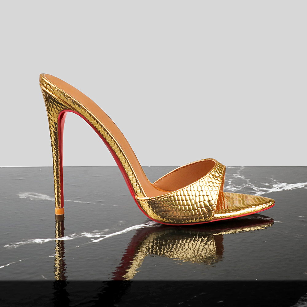 120mm/4.72 Inch Women's Sandals Pointed Toe Gold Snakeskin Mules High Heels Slip on Red Bottom Party Stilettos
