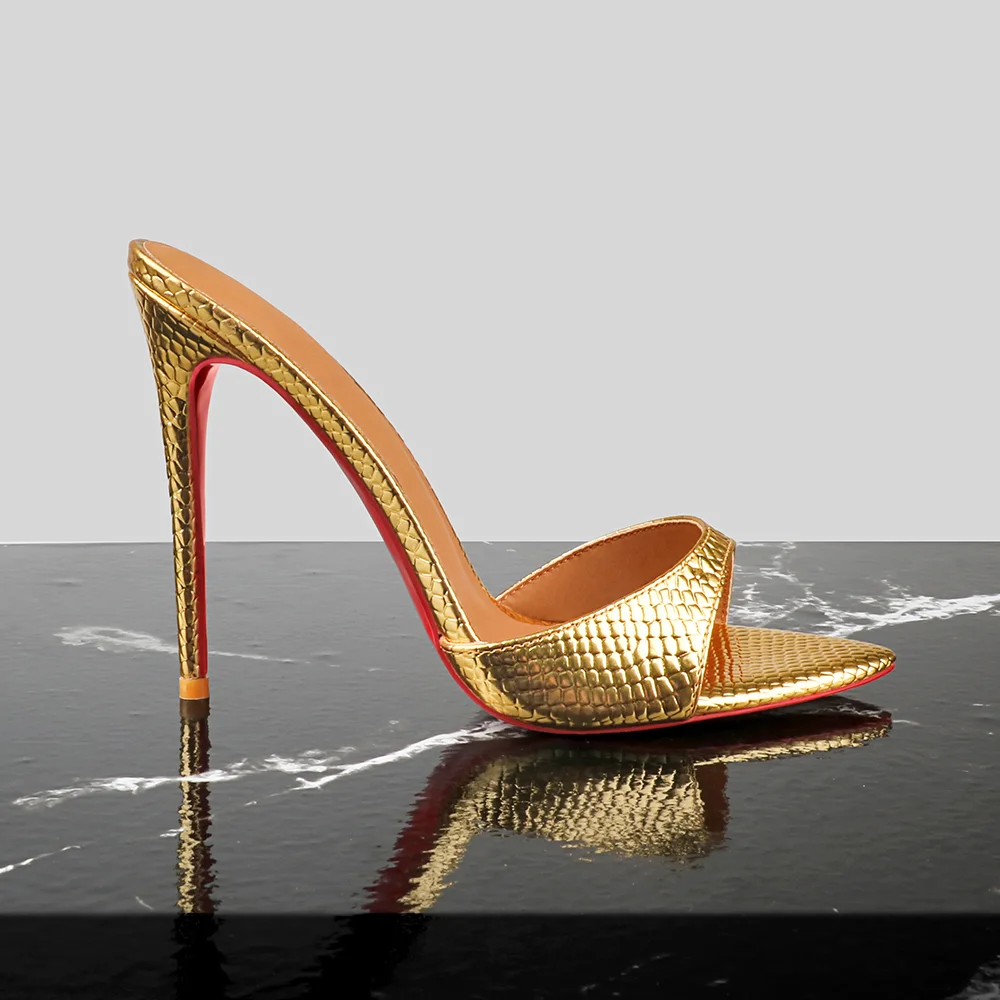120mm/4.72 Inch Women's Sandals Pointed Toe Gold Snakeskin Mules High Heels Slip on Red Bottom Party Stilettos