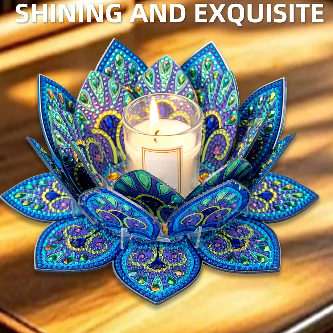 5D DIY Diamond Art Painting DIY Acrylic Desktop Ornament Flower Candle Holders Tealight Handmade Home Office Decor for Adults Beginners (Blue Lotus-A)