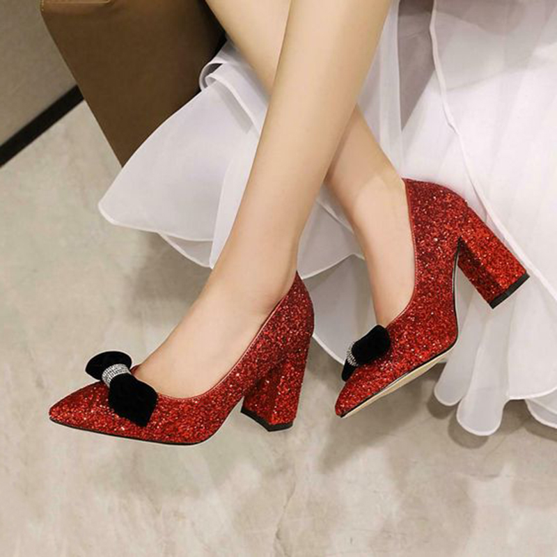 GOOSHOE Dark Red Glitter Bow Stiletto Heel Pumps for Evenings