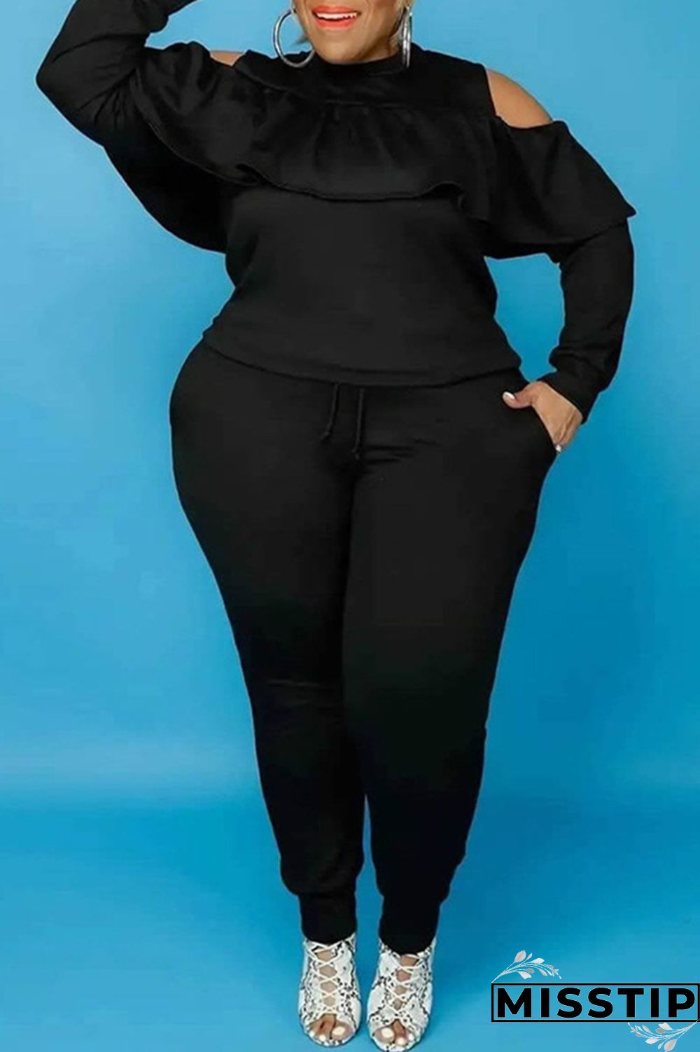 Black Fashion Casual Solid Hollowed Out O Neck Plus Size Two Pieces