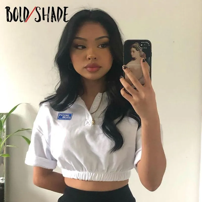 Bold Shade Preppy Style Casual Crop Tees Letter Print Button Indie Fashion Short Sleeve T Shirt Women Slim Turn-down Collar Tops