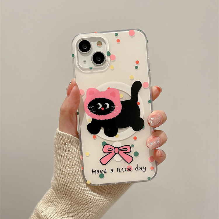 Kawaii Black kitten Graffiti Magnetic Stand Phone Case