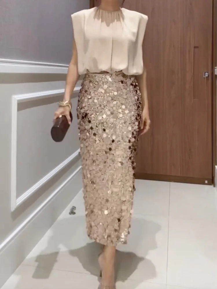 Apricot Color Sleeveless Blouses Shirt & Shiny Sequinned Skirt 2Pcs Set
