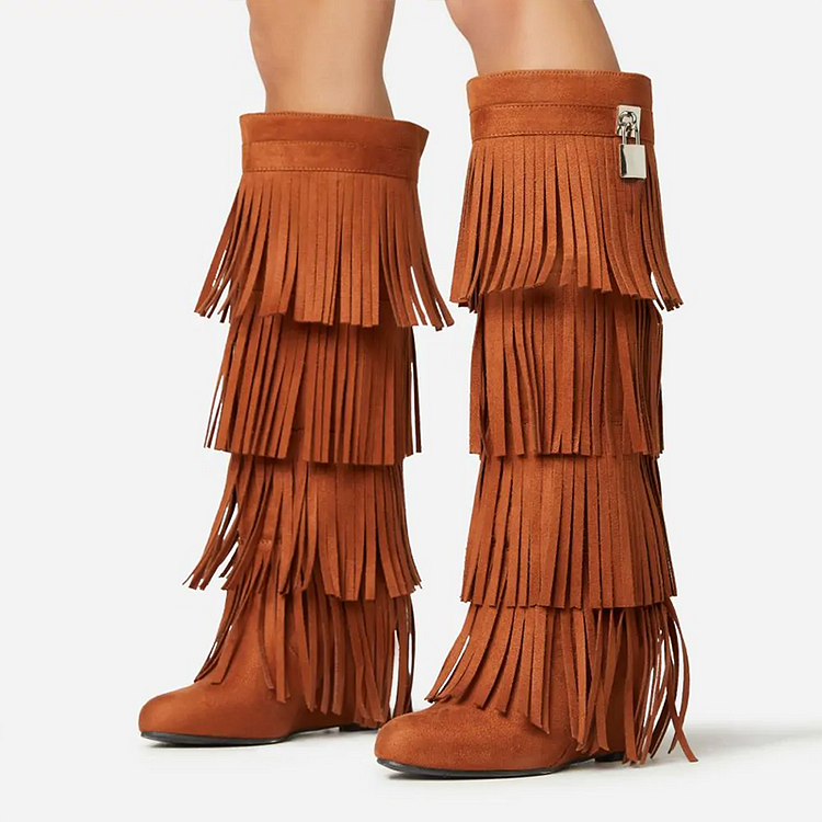Brown Knee High Cowgirl Boots with Lock Classic Round Toe Wedge Shoes Vintage Fringe |FSJ Shoes
