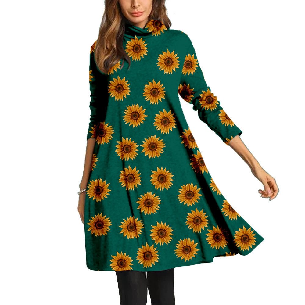 Large Size Women's Clothing Yellow Little Daisy Printed Turtleneck Long Dress Autumn One Piece Ion