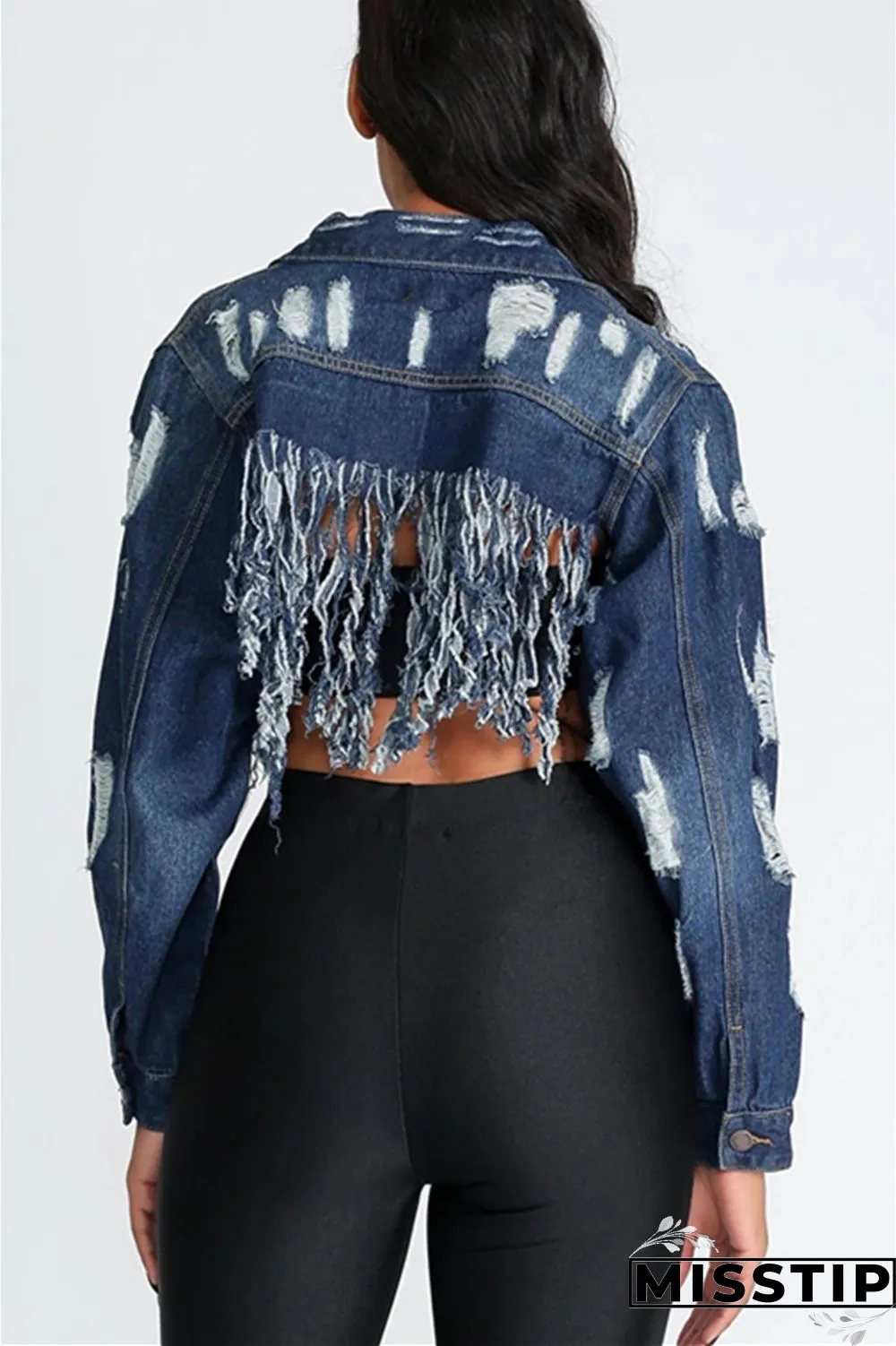 Dark Blue Fashion Hole Tassel Halter Back Navel Denim Coat