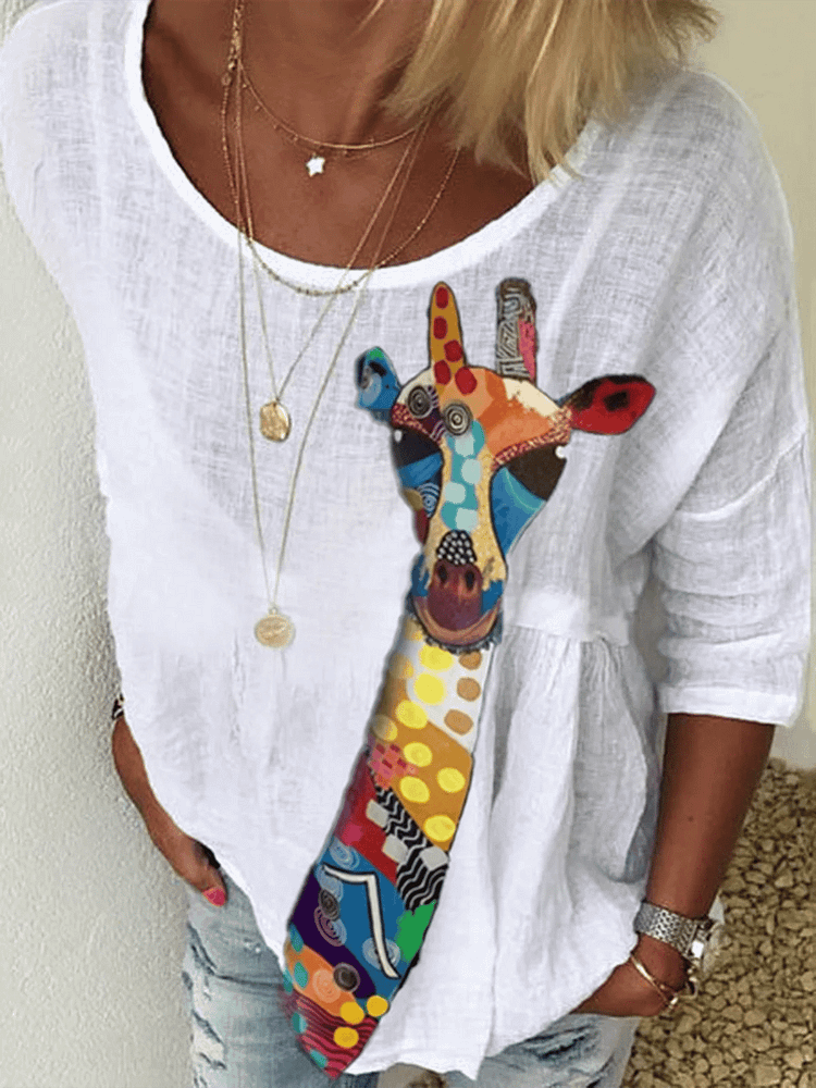 White Crew Neck Floral-Print Long Sleeve Shirts & Tops