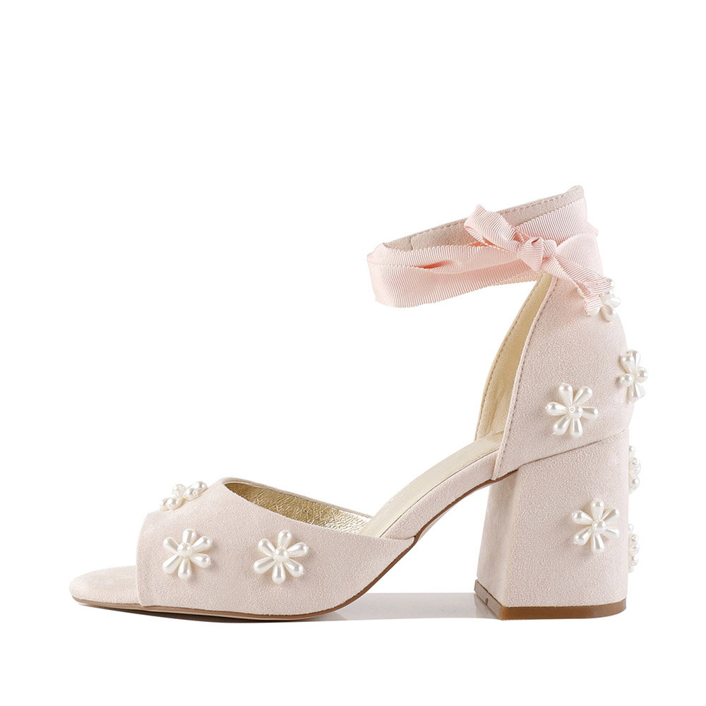 Light Pink Peep Toe 3‘’ Chunky Heel Ankle Strap Sandals for Bride Nicepairs