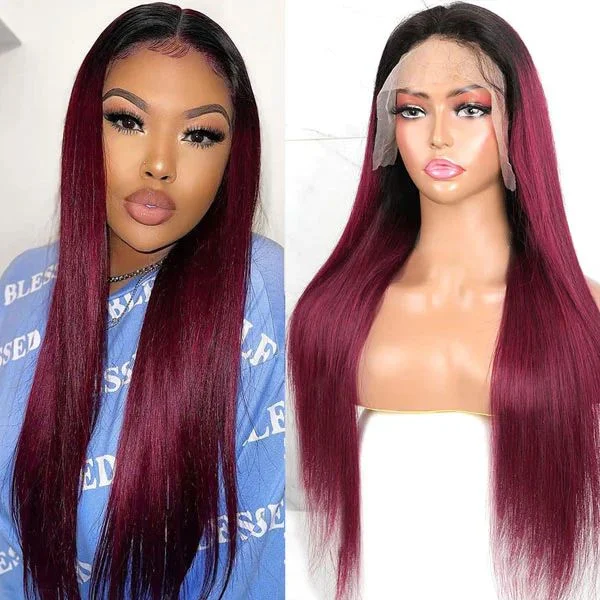 1B/99J Straight Wig Ombre Burgundy Wig T Part Lace Wig Glueless Wig