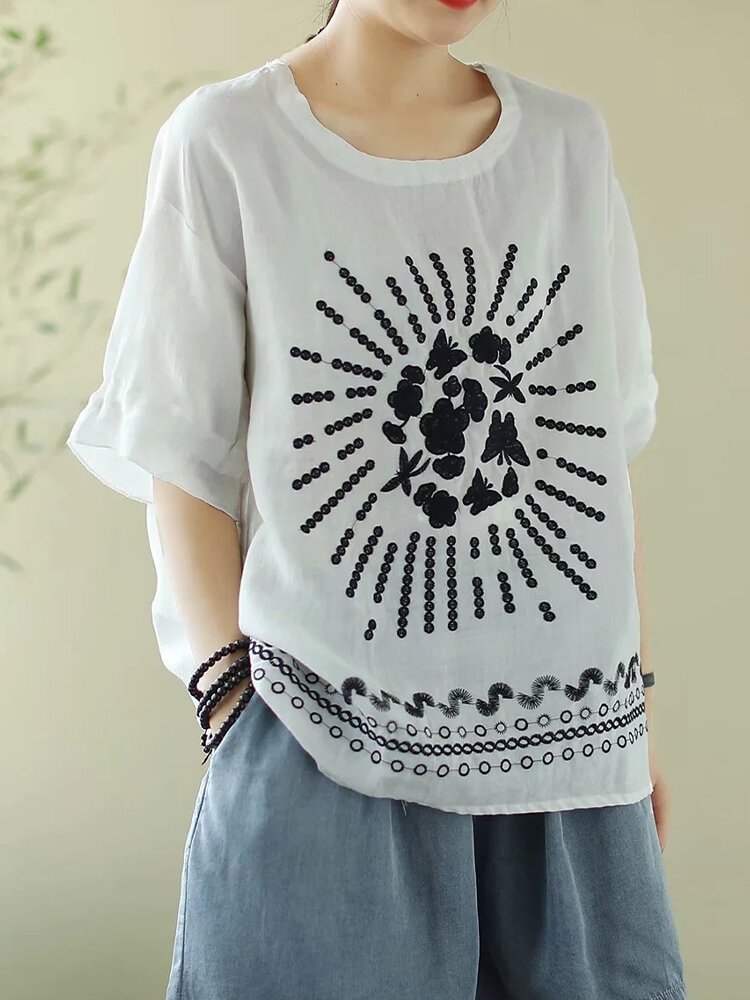 Flower Embroidery Half Sleeve Loose T shirt For Women P1707490