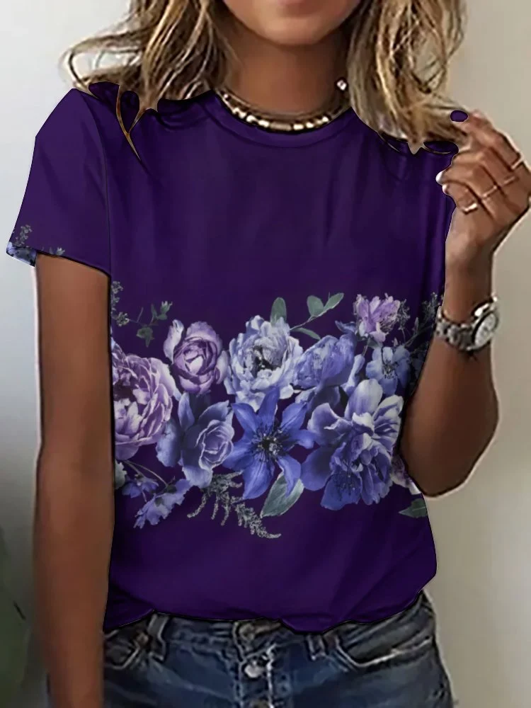 Printed Short Sleeve Casual T-shirt for  Women and Men Unisex Pattern Floral, Purple, Blue