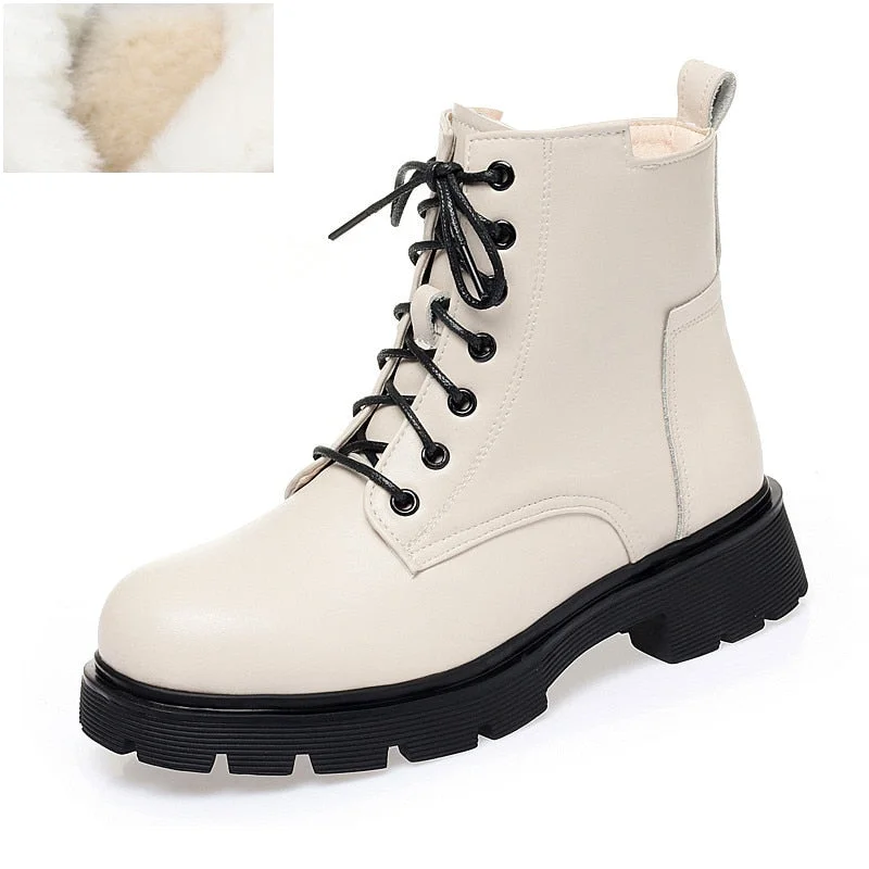Vstacam Women Winter Boots Genuine Leather 2022 New Fashion Wool Warm Women Ankle Boots Large Size British Style Women Motorcycle Boots
