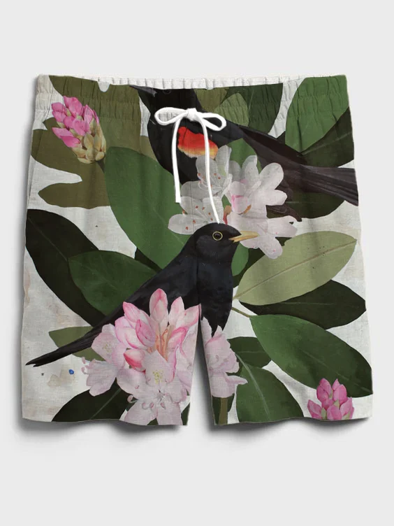 Men's Floral Bird Art Print Casual Elastic Waist Shorts