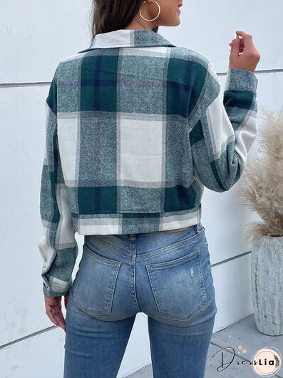Plaid Button Up Drop Shoulder Cropped Jacket