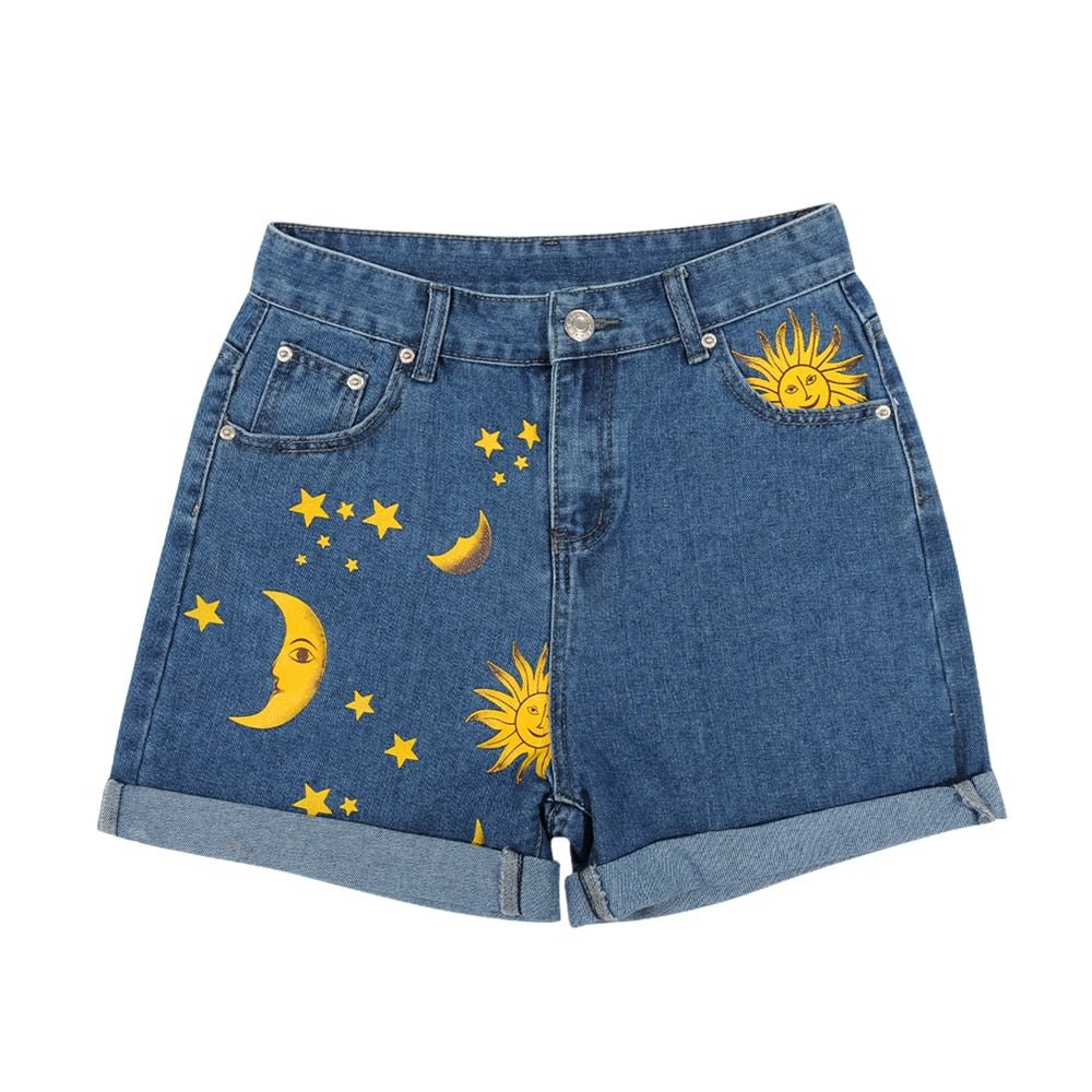 Fashion Moon Sun Print Loose Fit Denim Shorts For Female 2022 Summer New Hemming Blue Boyfriend Style Women's Short Pants
