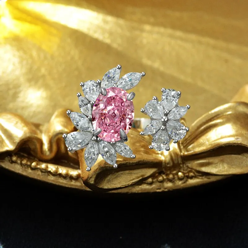 100% 925 Sterling Silver 7*9mm Oval Padma Aquamarine Yellow High Carbon Diamond Flower Rings For Women Party Fine Jewelry