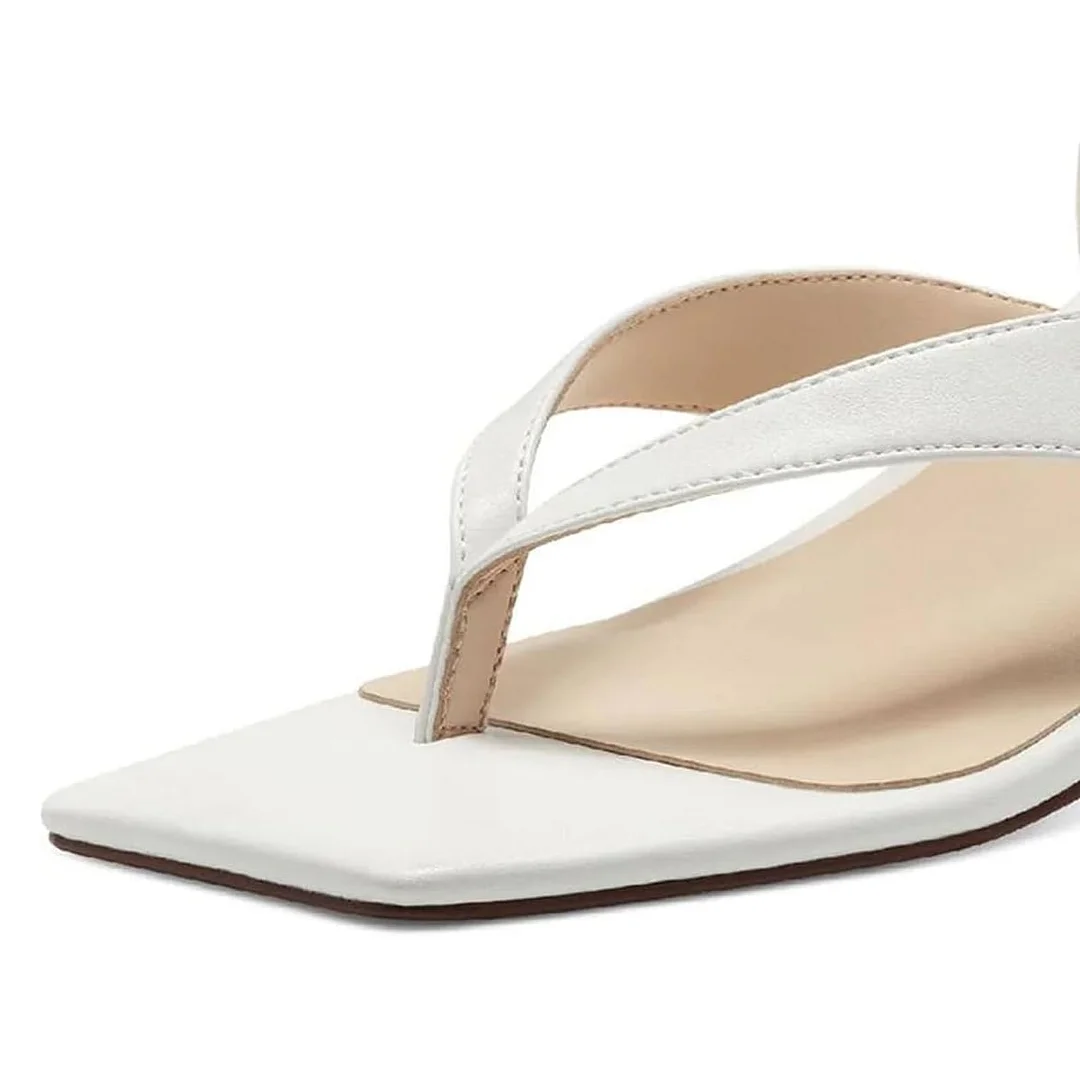 Women's White Square Toe Flip Flop Rhinestone Heeled Summer Sandals