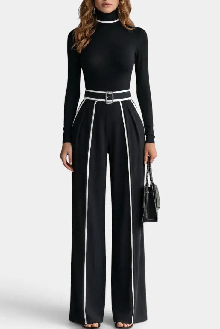 High Neck Long Sleeve Set with Belted Wide-Leg Trousers