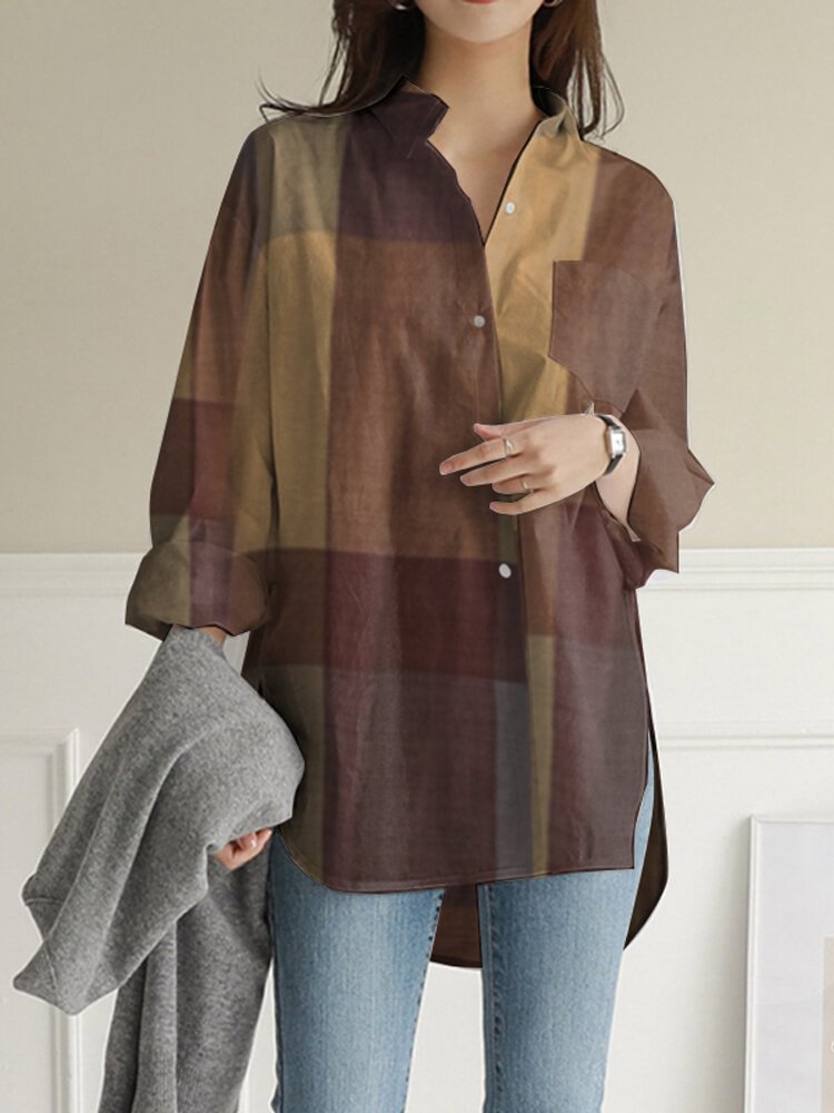 Plaid Print Long Sleeves Casual Loose Blouse With Pockets P1781904