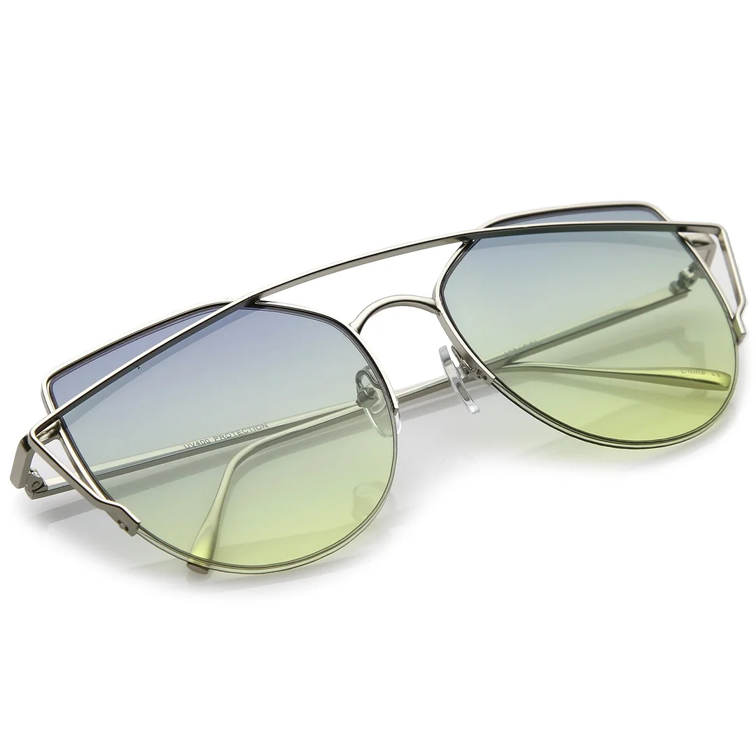 Women's Semi Rimless Metal Brow Bar Round Colored Flat Lens Cat Eye glasses