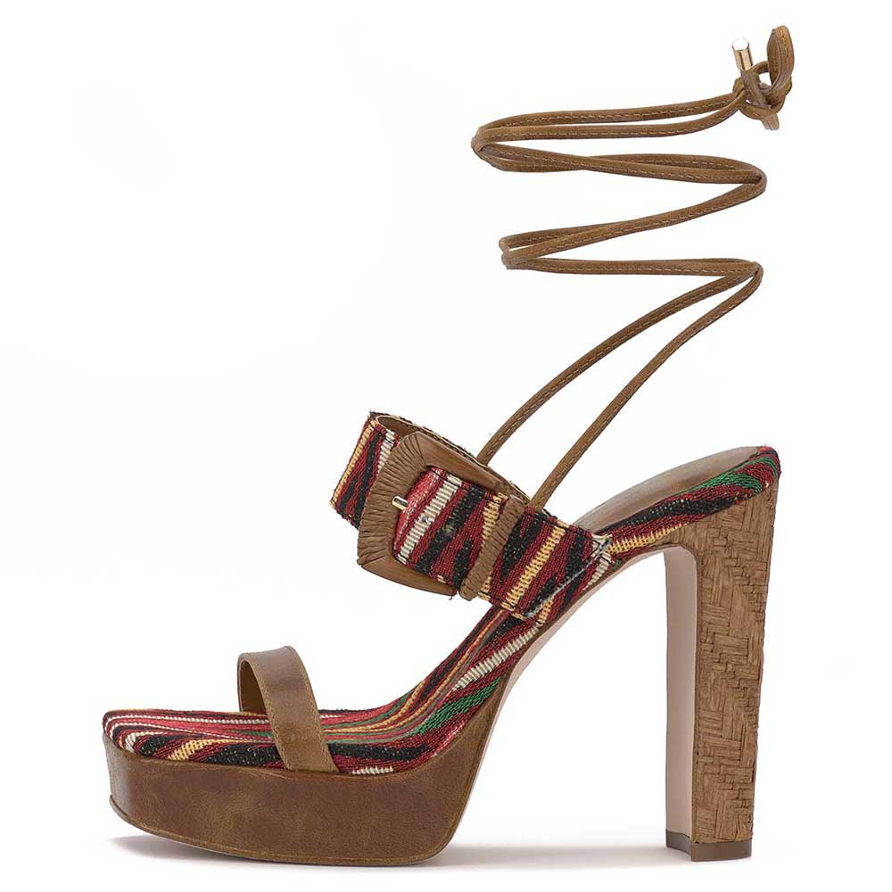 Brown Faux Suede Round Toe 5'' Chunky Heel Lace-Up Platform Sandals Nicepairs