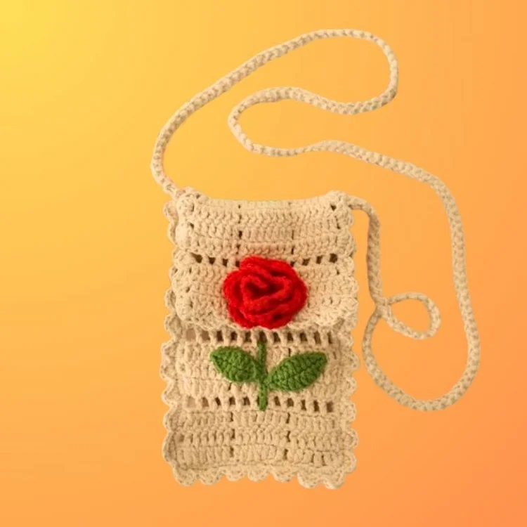 Lulusnow Handmade Beige Rose Crochet Phone Bag
