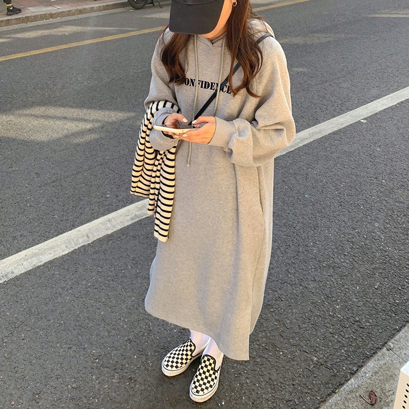 Uptownunder Dress Women autumn/winter Thickening Letters Printing Hooded Drawstring Fashion Dresses Casual Vestidos Dropshipping AYX103