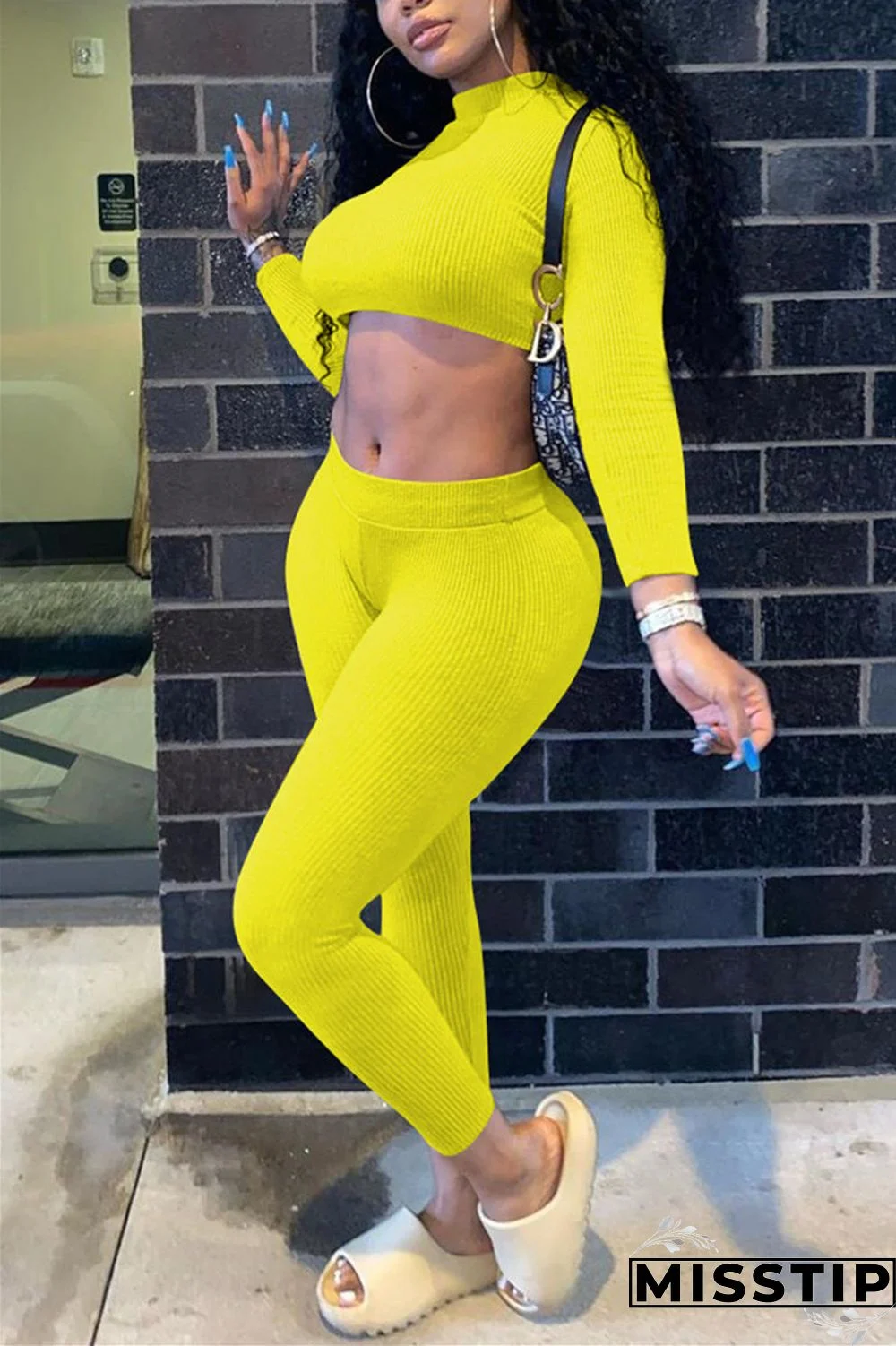 Yellow Fashion Street SportswearSolid Pullovers Half A Turtleneck Two Pieces