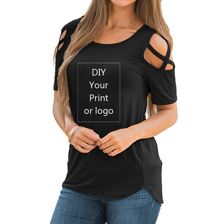 Customized Print T ShirtFor Women DIY YourLike PhotoOr Logo Top T-shirt ShortSleeve Female Tops Off The Shoulder Hollow Tee