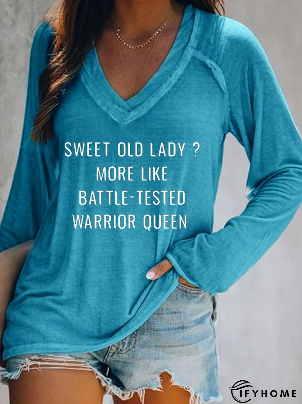 Letter Long Sleeve V-neck Casual Tunic T-Shirt | IFYHOME