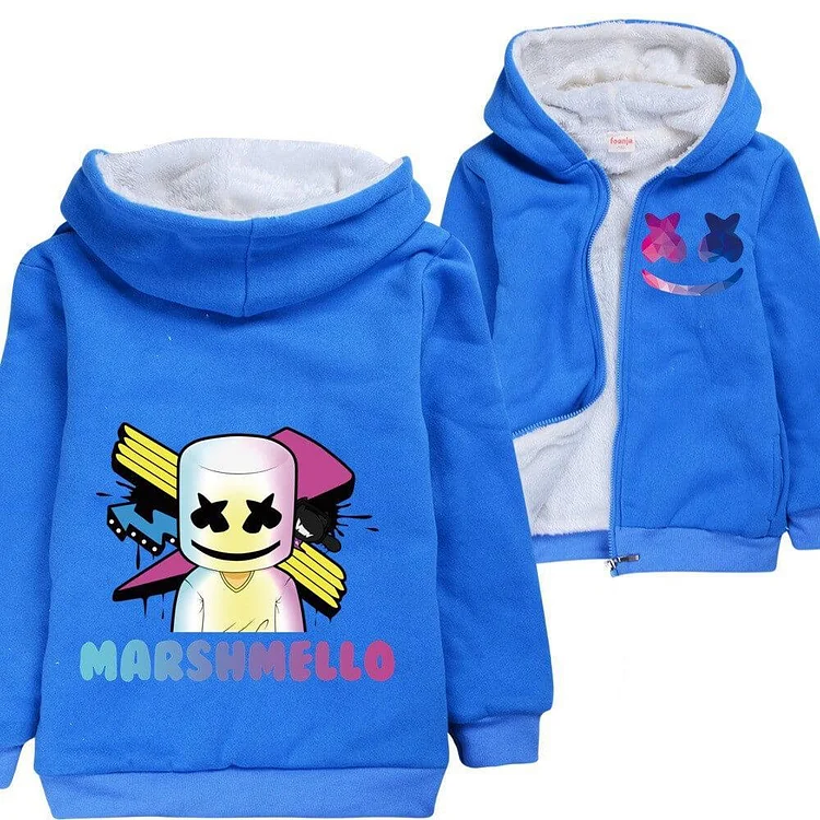 Mayoulove Arrow Dj Marshmello Print Boys Blue Zip Up Fleece Lined Winter Hoodie-Mayoulove